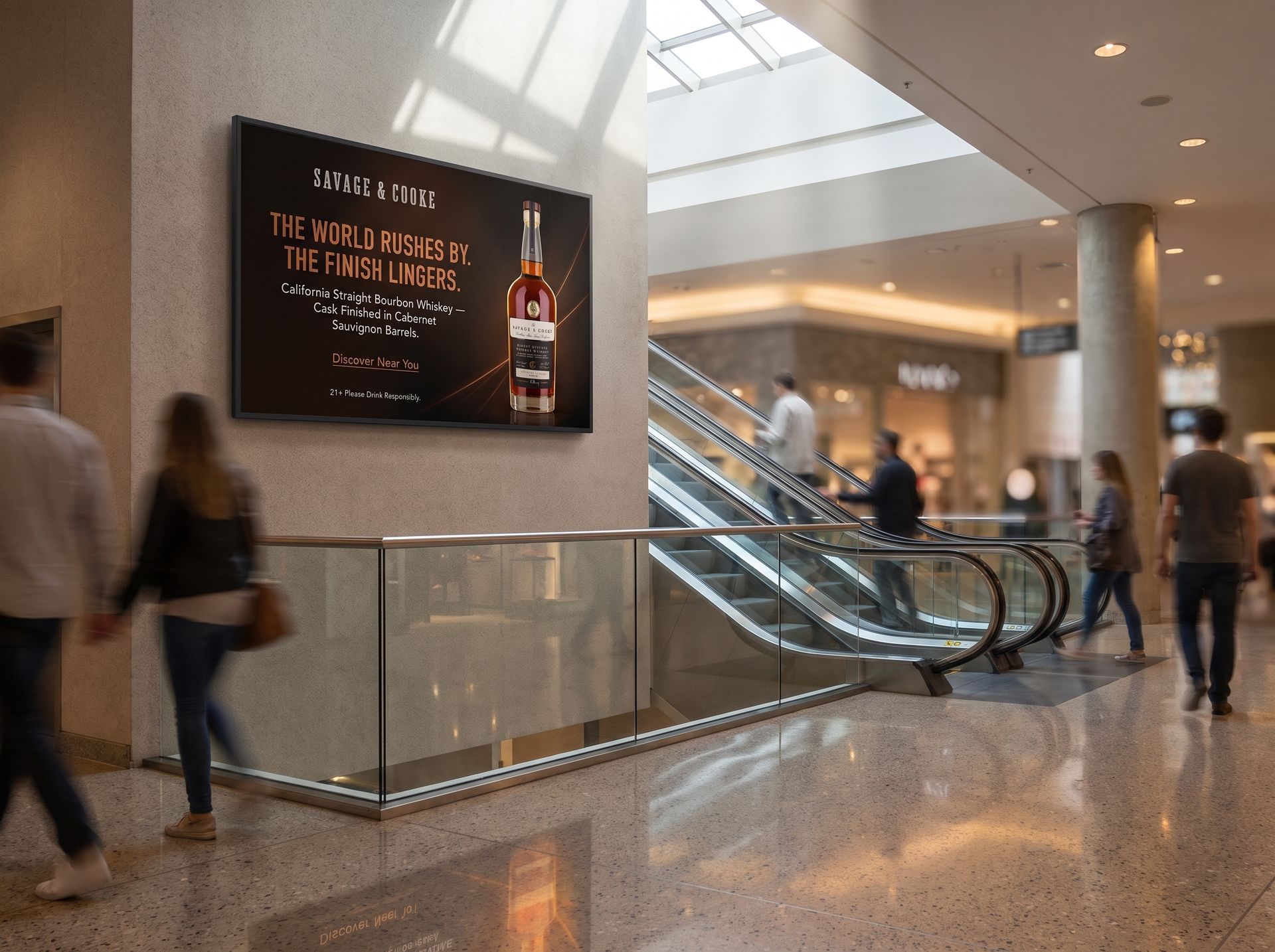 Premium bourbon ad on a wall-mounted store screen