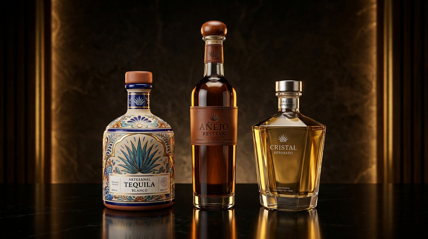 Premium tequila bottles — Blanco, Añejo Reserva and Reposado