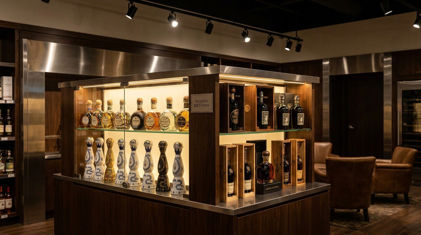 Premium reserve display case in a modern liquor store