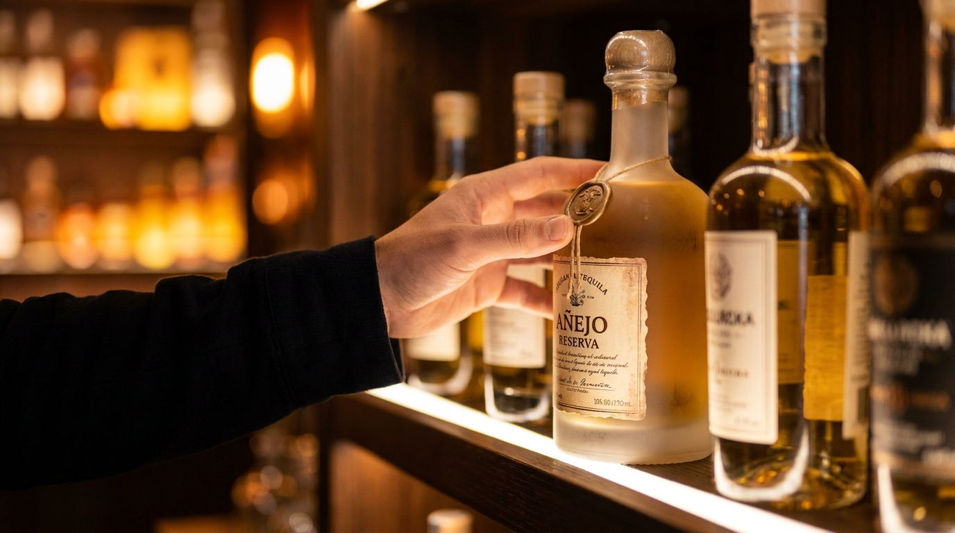 A shopper reaching for a premium tequila bottle on a lit liquor shelf