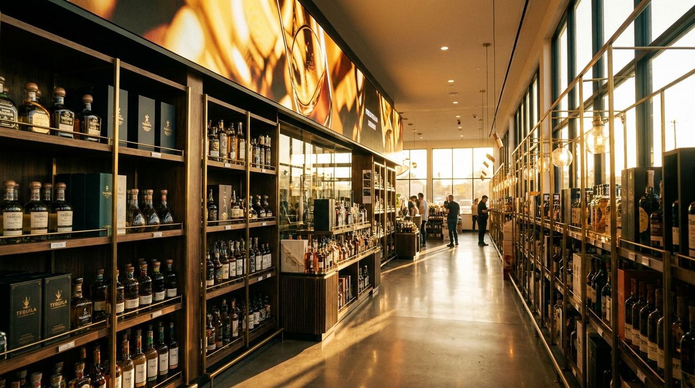 Premium liquor store aisle with an in-store brand screen overhead